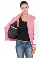 White Vinyl Sleeves & Pink Wool Body Varsity Jacket-Women