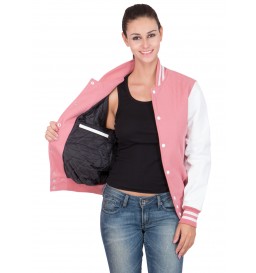 White Vinyl Sleeves & Pink Wool Body Varsity Jacket-Women