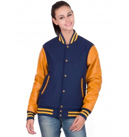 Light Gold Leather Sleeves & Royal Blue Wool Body Varsity Jacket- Women
