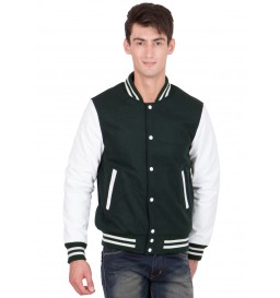 White Leather Sleeves & Dartmouth Green Wool Body Varsity Jacket-Men
