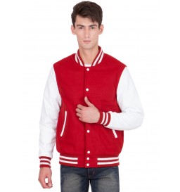White Leather Sleeves & Scarlet Wool Body Varsity Jacket - Men