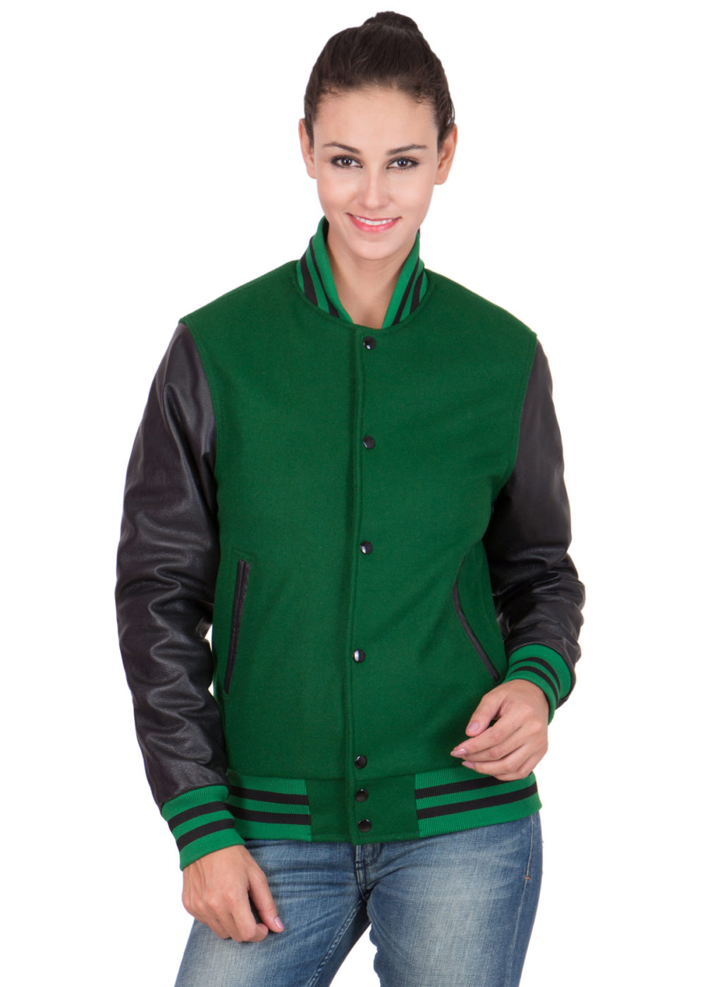 Kelly Green Letterman Jacket with White Leather Sleeves