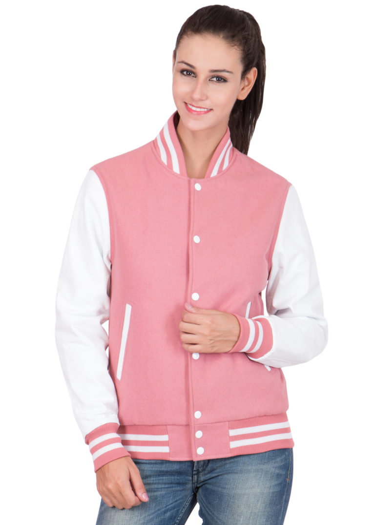White Leather Sleeves And Pink Wool Body Varsity Jacket Women Caliber Apparels