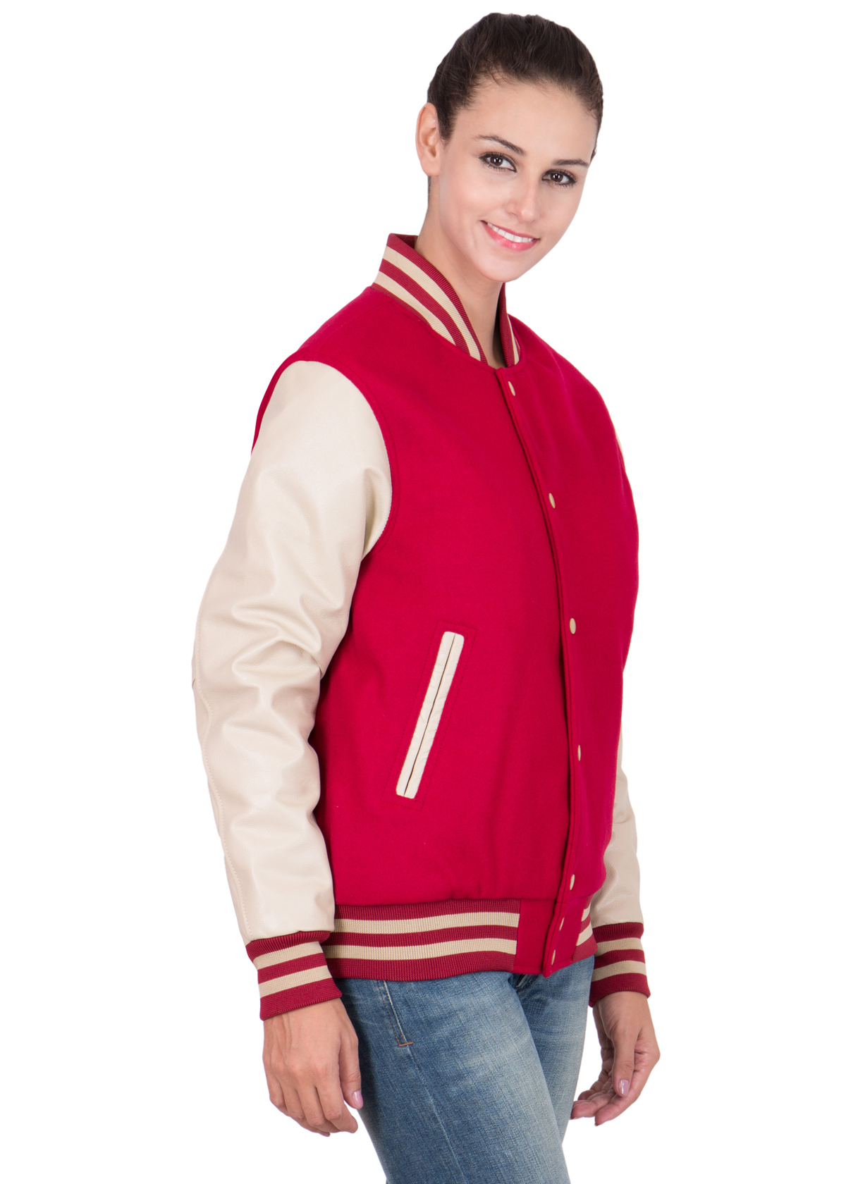 PARCHMENT LEATHER SLEEVES & SCARLET RED WOOL BODY VARSITY JACKET-WOMEN ...