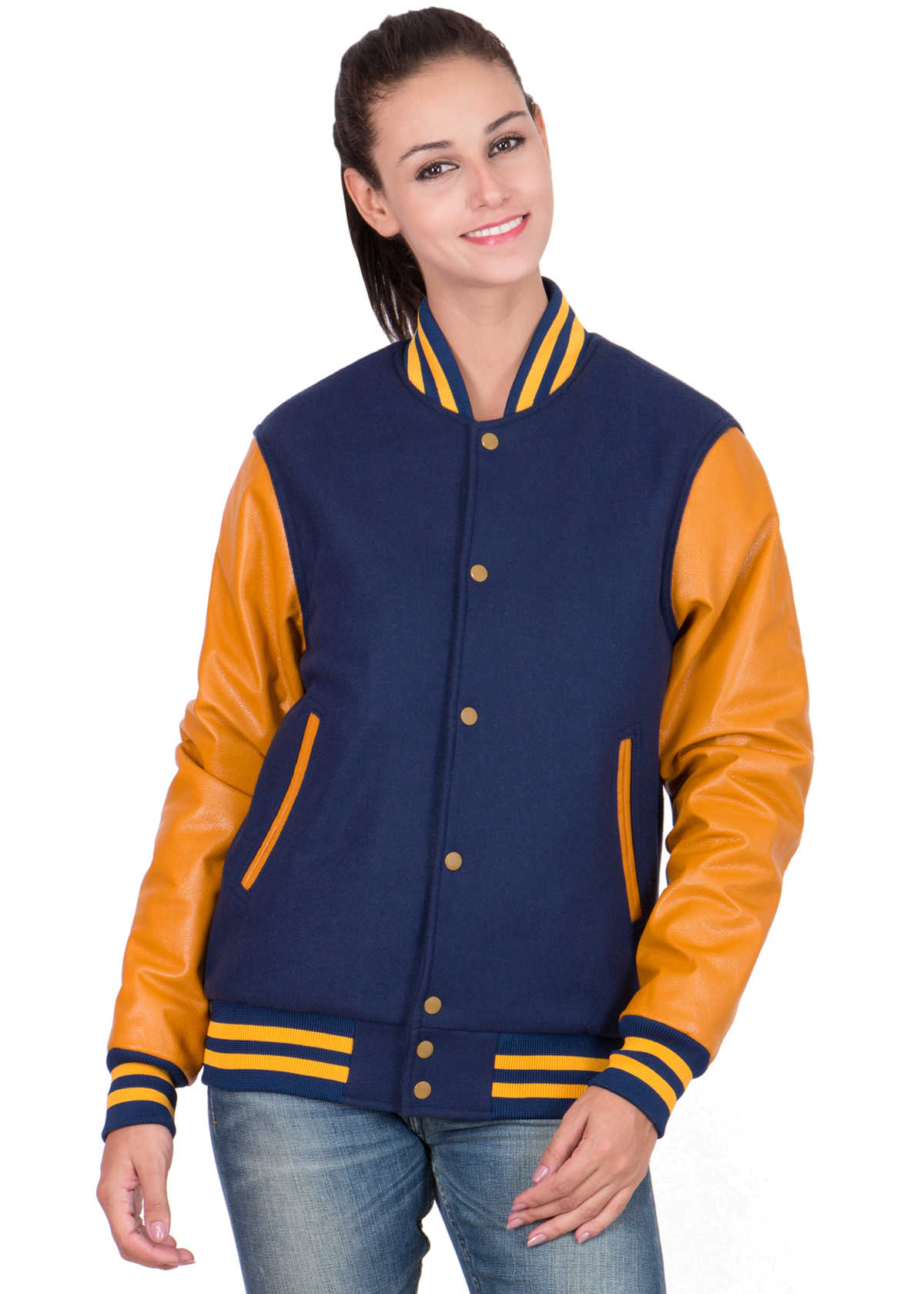 Black Wool Body & Bright Gold Leather Sleeves Letterman Jacket