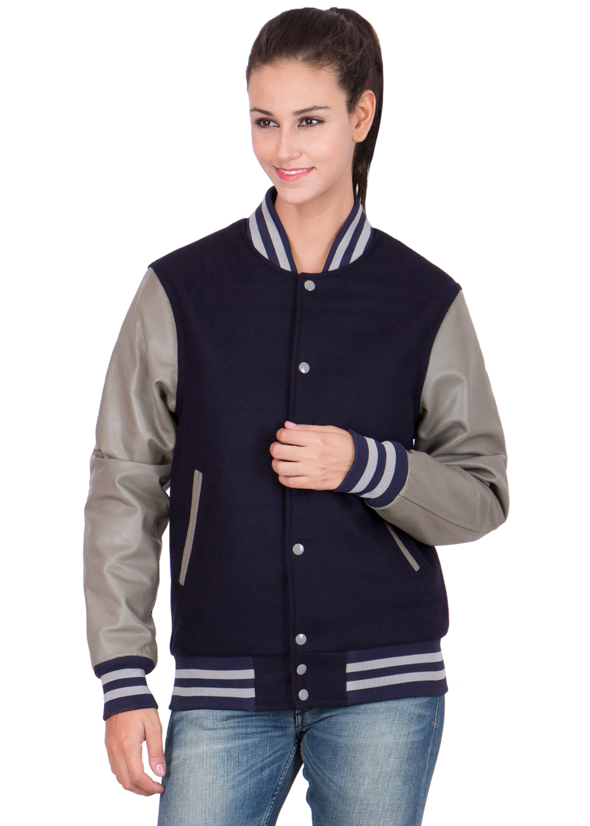 Navy Blue Letterman Jacket with Grey Leather Sleeves - Graduation SuperStore