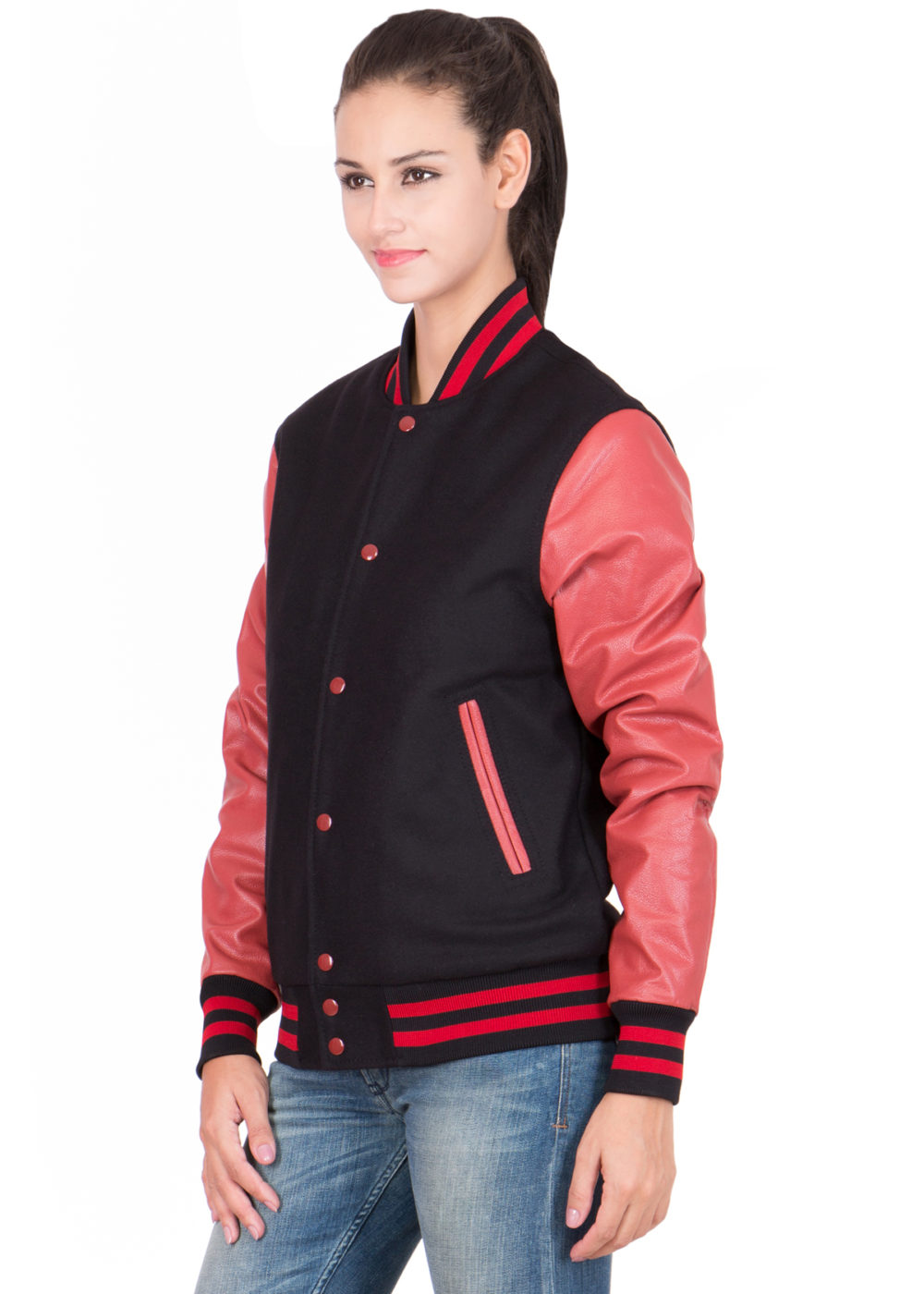 Varsity Base Scarlet Red Wool Body & Black Leather Sleeves Letterman Jacket , 4XL
