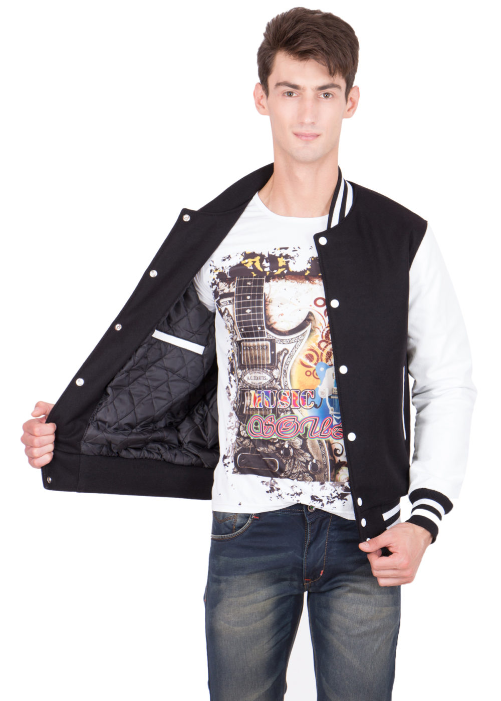 Leather Varsity Jacket with Black Body & White Sleeves