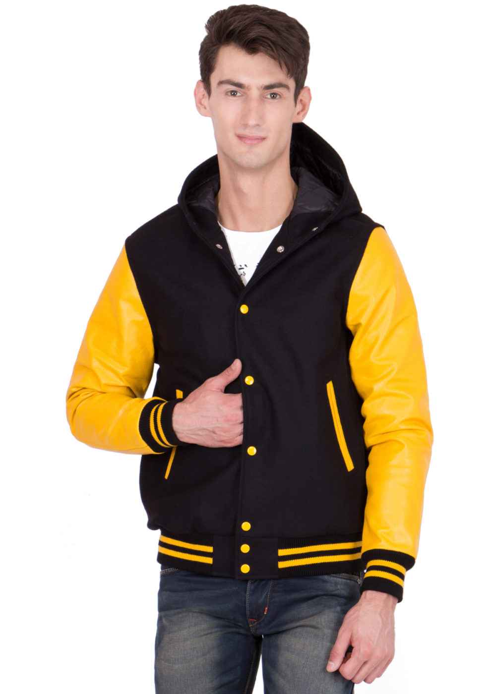 Mens black and yellow varsity jacket