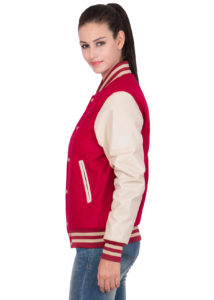 PARCHMENT LEATHER SLEEVES & SCARLET RED WOOL BODY VARSITY JACKET-WOMEN