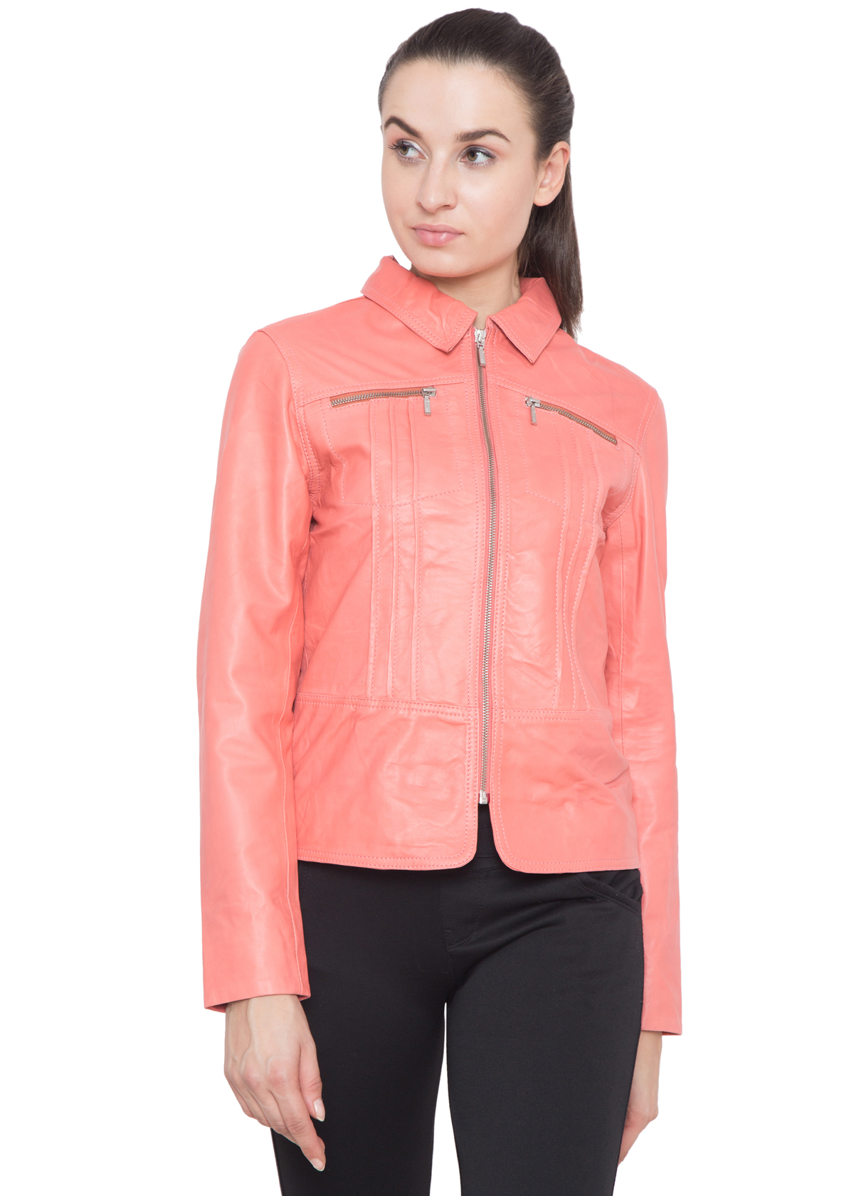 PINK CORAL FULL LEATHER JACKET-WOMEN – Caliber Apparels