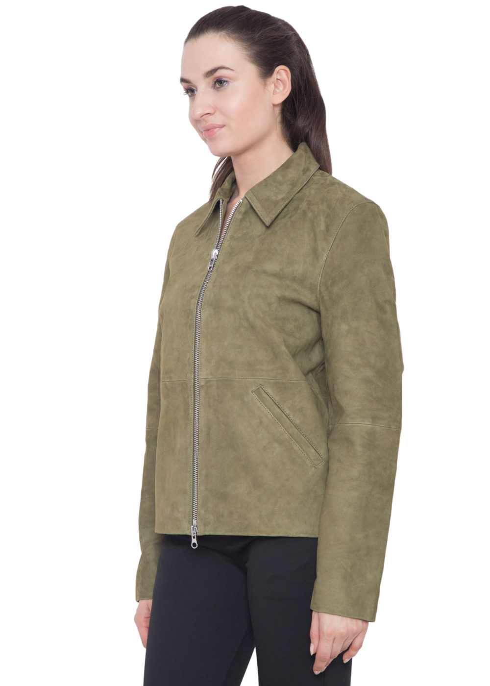 OLIVE GREEN SUEDE LEATHER JACKET – WOMEN – Caliber Apparels